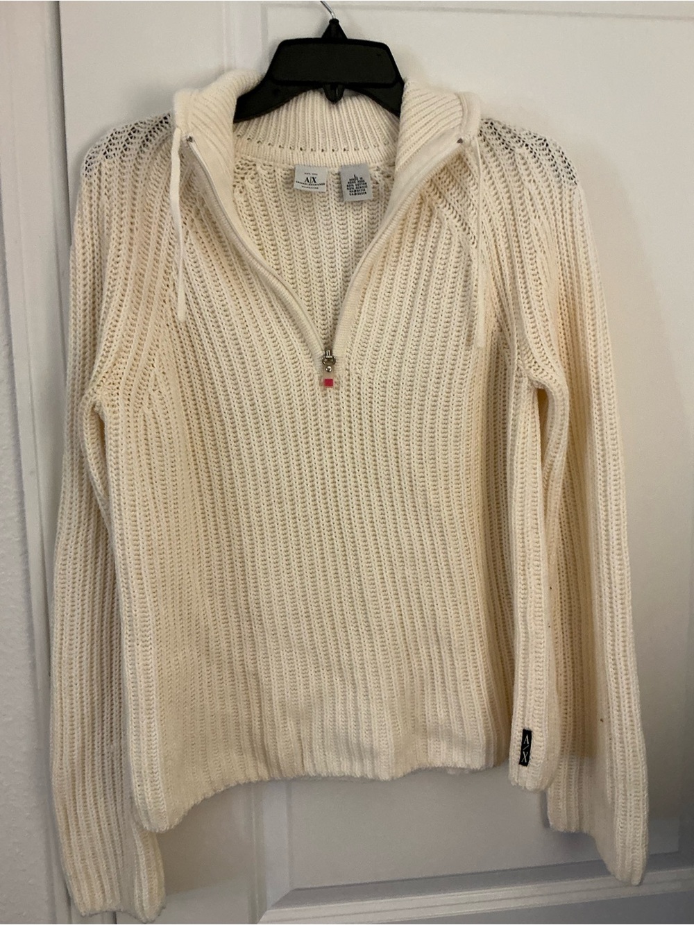 Armani Exchange AX Cream Ribbed Knit Hoodie Half Zip Sweater Large Like New